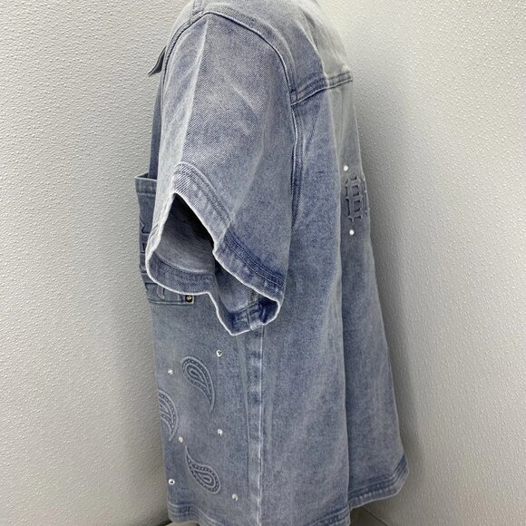 NEW MIXED EMOTION Paisley Denim Short-Sleeve Snap-Down Shirt – Blue – Size M - Picture 13 of 15